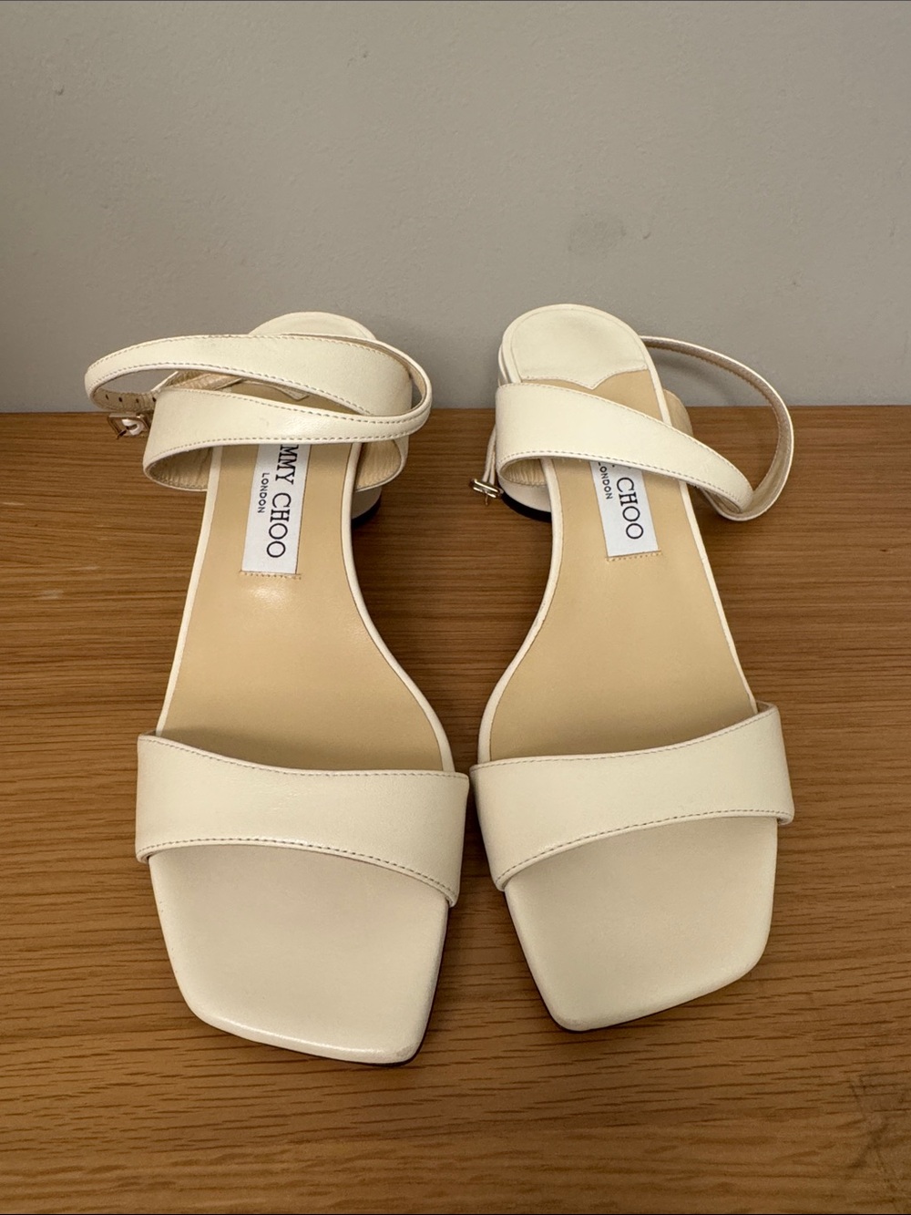 Jimmy Choo Jago Latte Leather Square-Toe Ankle-Strap Sandals
